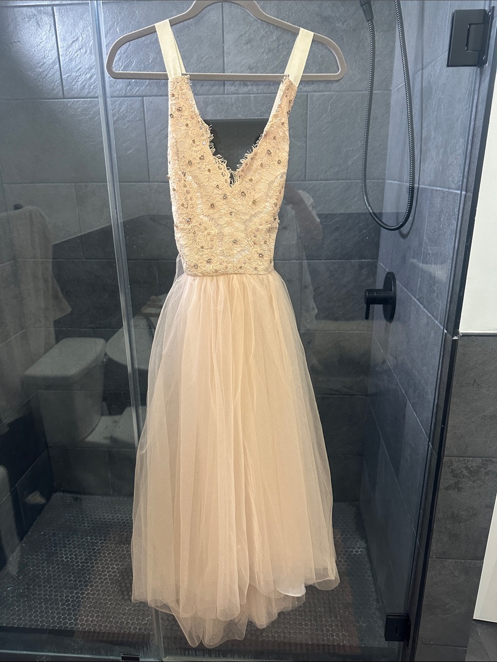 Beaded V-Neck Dress in Blush Tulle